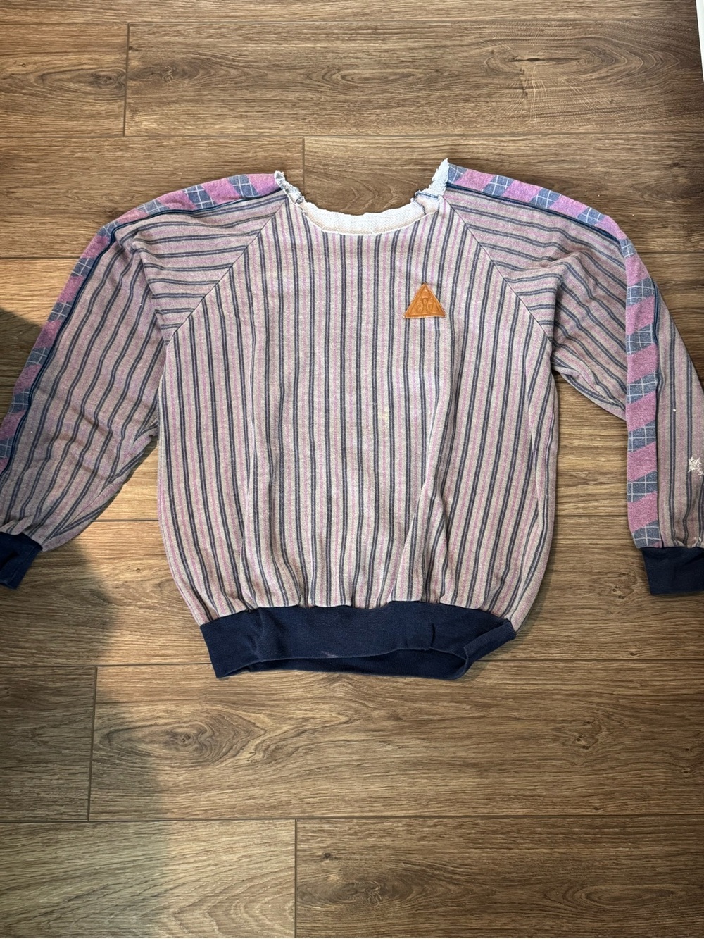 Striped Crewneck Sweater with Pink and Navy Accents